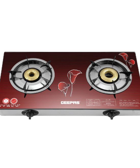 Geepas Glass Top Gas Cooker GK5602 |2 High-Efficiency Burners |8mm Thick Tempered Glass Top |Auto Ignition, Sturdy Pan Supports & Easy to Clean Design for Modern Kitchens