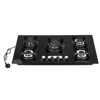 Geepas Glass Gas Hob GGC31011 | 5 Burner Gas Stove with Auto Ignition| Toughened Glass Surface| Cast Iron Pan Support & Powerful Triple Ring Wok Burner| 2 Years Warranty