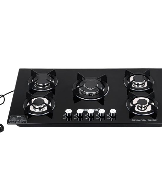 Geepas Glass Gas Hob GGC31011 | 5 Burner Gas Stove with Auto Ignition| Toughened Glass Surface| Cast Iron Pan Support & Powerful Triple Ring Wok Burner| 2 Years Warranty