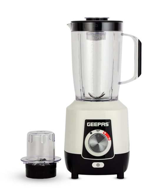 Geepas 2-in-1 Blender- GSB44027T/ 600 W, Powerful Motor with 2 Speed Setting and Pulse/ Transparent Jars with Stainless Steel Blade, Grinder Attachment White and Black