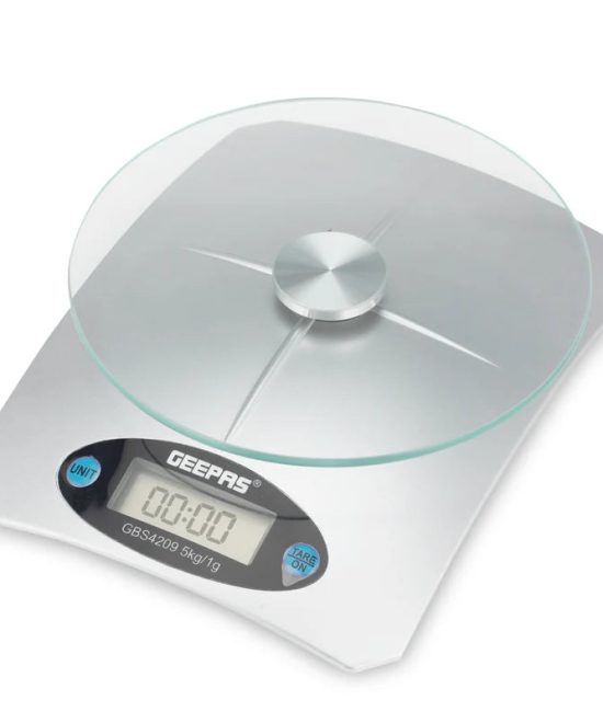 Geepas Digital Kitchen Scale GBS4209 – 5kg Capacity| Safety Glass Platform| High Precision Measurement| Easy-to-Read Display| Compact & Durable Design| 2 Years Warranty