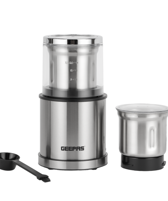 Geepas 2-in-1 Coffee Grinder- GCG41021/ 200W Motor, Durable Wet & Dry Jar, Stainless Steel Housing & Blade/ Ergonomic Grip, Press Down Operation/ 2 Years Warranty