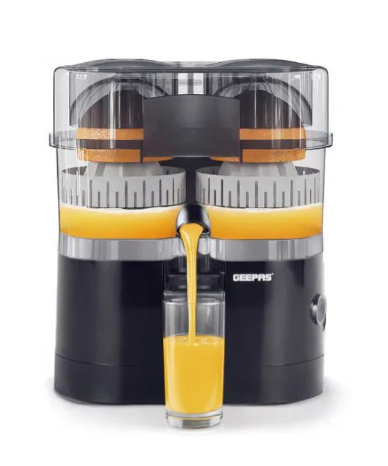 Geepas GCJ5347 Dual Head Citrus Juicer | Built-in Slicer for Easy Fruit Preparation | Strength Control & One-Press Operation | 100W| Fresh Juice Maker |2 Years Warranty