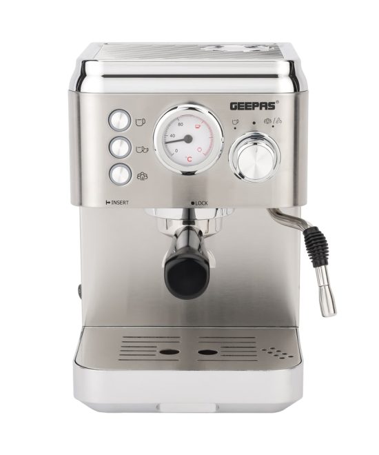 Geepas GCM1523SS Espresso & Cappuccino Coffee Machine | 20 Bar High-Pressure Pump| 1.8L Water Tank| Frothing System| Dual Filter | G23 Platinum Series| 2 Years Warranty