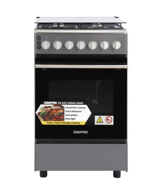Geepas GCR5555 Cooking Range with Electric Ignition | 4 Burner Gas Oven | Rotisserie| Double Glass Door | Tempered Glass Cover & Mechanical Timer for Home Kitchen Use