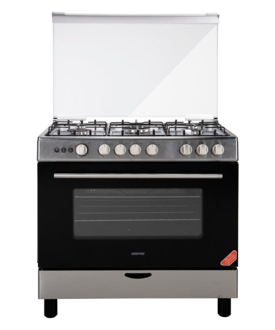 Geepas GCR9060NPSRC Cooking Range | 90x60cm | 5 Gas Burners| Electric Ignition| Oven Lamp| Timer & Rotisserie| Stainless Steel Housing| Double Glass Door| 1 Year Warranty