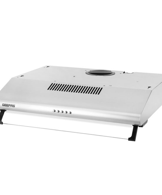 Geepas Slim Hood GHD612MCS with stainless steel finish, 3-speed control, 400 m³/hr suction, LED lighting, and charcoal filters for superior kitchen ventilation.