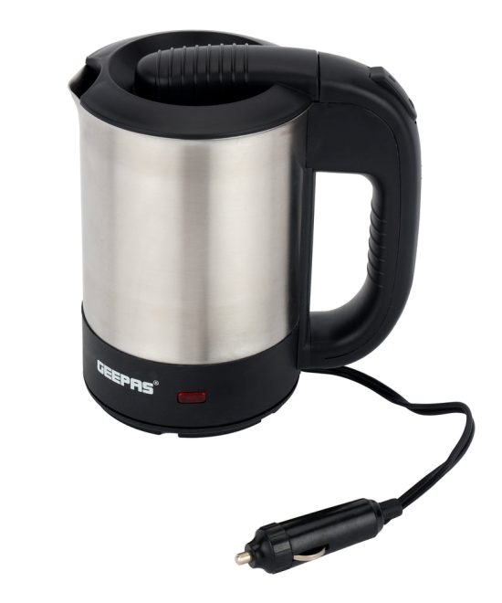 Geepas Stainless Steel Car Kettle GK38041 | 0.5L Travel Electric Kettle| 12V Car Adapter| Fast Boiling| Durable Stainless Steel Body| Safety Features| 2 Year Warranty