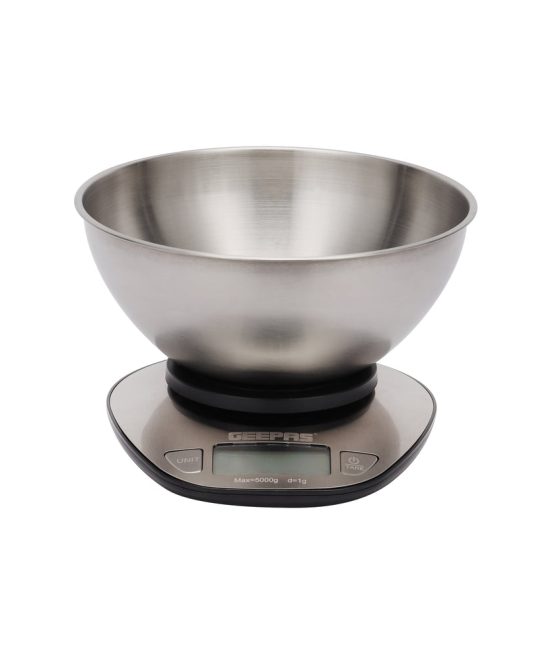 Geepas GKS4203 Stainless Steel Kitchen Scale | 5kg Capacity with Stainless Steel Bowl, LCD Backlight Display, Multi-Unit Measure, Low Power Use, 2-Year Warranty