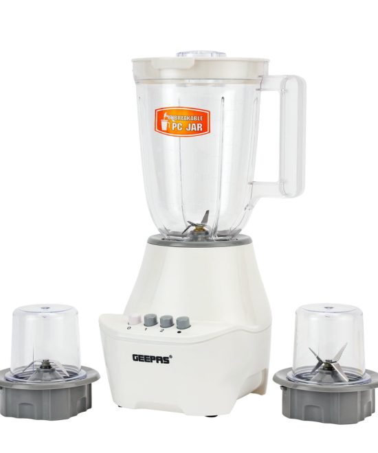 Geepas 3-in-1 Blender- GSB6104N| 400W Powerful Motor| 2 Speed Setting and Pulse| Transparent and Unbreakable Jars with Stainless Steel Blade| 2 Grinder Attachments| White