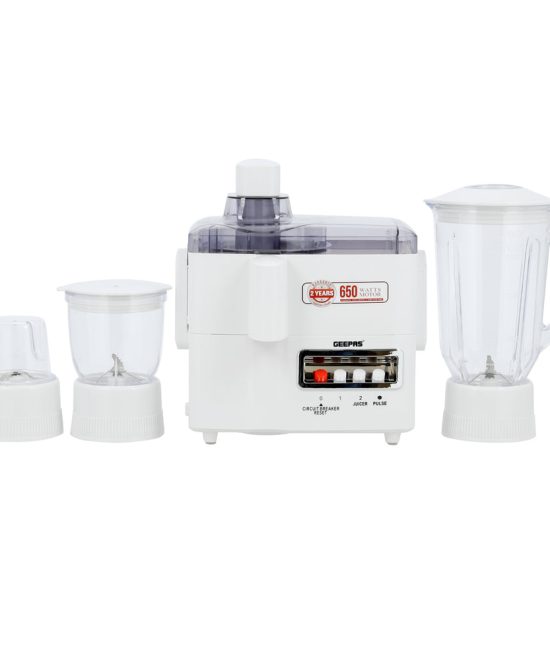 Geepas 650W 4-in-1 Food Processor- GSB6147| Transparent Plastic Jar with Stainless Steel Blades | Overheat Protection| | 2 Speed Control | 2 Years Warranty| White