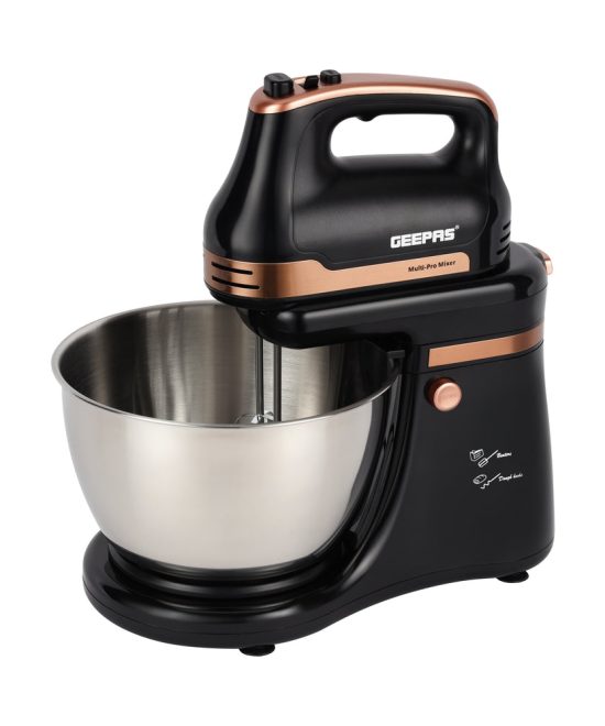 Geepas Stand Mixer GSM43033, 500W powerful motor with 4.5L stainless steel bowl, 5 speed + turbo, includes dough hook, beater & whisk, black & silver, 2-year warranty