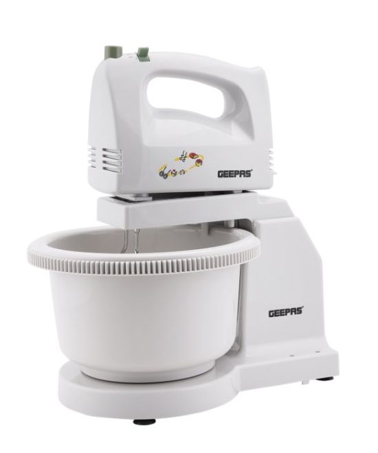 Geepas 200W Hand Mixer with Stand & Bowl | 5 Speed Controls |Detachable Stainless-Steel 2 Beater & 2 Dough Hooks |Ideal for Whipping, Blending & Beating| 2 Years Warranty