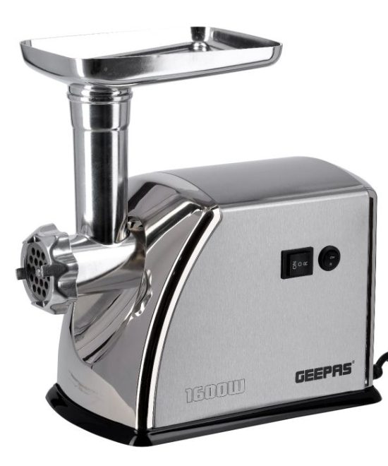 Geepas GMG1909 Stainless Steel Meat Grinder | 1600W Electric Meat Mincer| Powerful Motor| Reverse Function| 3 Cutting Blade| Sausage & Kubbe Accessories| Durable Design