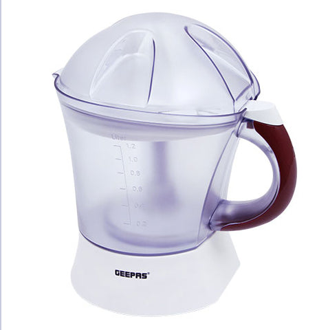 Geepas Citrus Juicer GCJ5384 | 1.2L Large Capacity Jug | 25W | Bi-Directional Twist for Maximum Juice Extraction | 2 Press Cones| Compact Electric Citrus Juicer