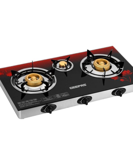 Geepas 3 Burner Gas Cooker GGC31012 |Stainless Steel Frame & Tray, Tempered Glass Top, Iron Burners 100+40+100mm, Auto Piezo Ignition, Low Gas Consumption, 2Year Warranty