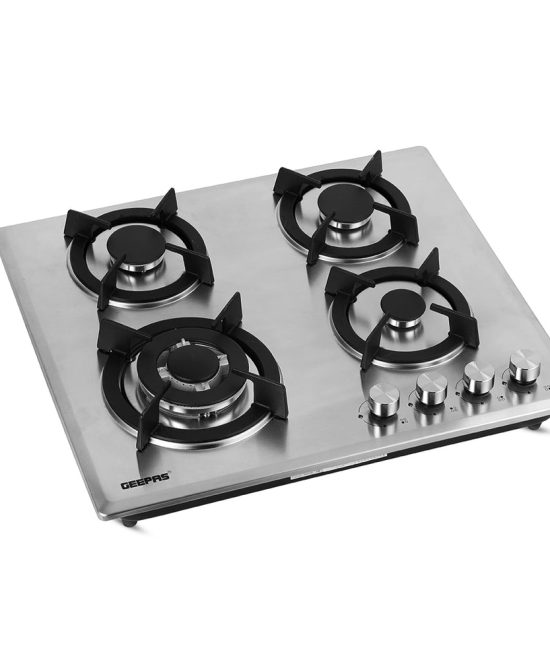 Geepas Built-In Gas Hob GGC31026 | 4 Burner Stainless Steel Gas Stove with Auto Ignition| Durable Cast Iron Pan Support | Easy-to-Clean Design & 2 Years Warranty
