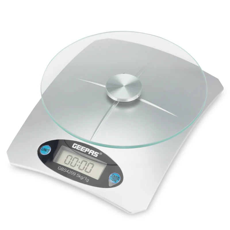 Geepas Digital Kitchen Scale GBS4209 – 5kg Capacity| Safety Glass Platform| High Precision Measurement| Easy-to-Read Display| Compact & Durable Design| 2 Years Warranty