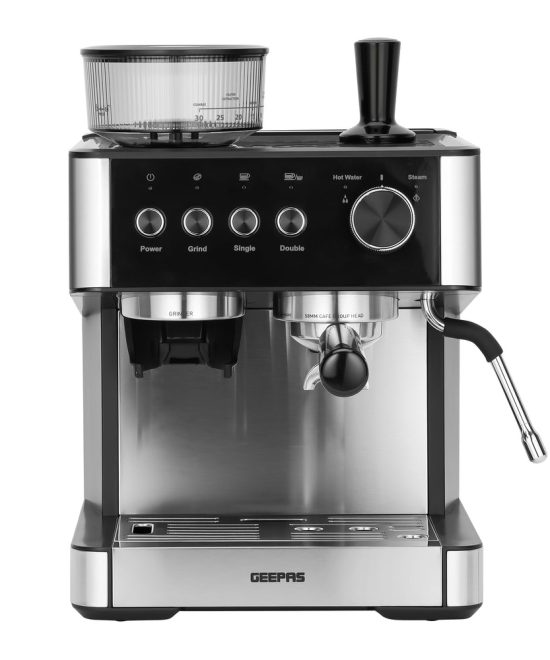 Geepas GCMG1325S Espresso & Cappuccino Coffee Machine | 20 Bar High-Pressure Pump, Built-In Coffee Grinder, Frothing Steam Wand, Dual Filter | A43 Platinum Series