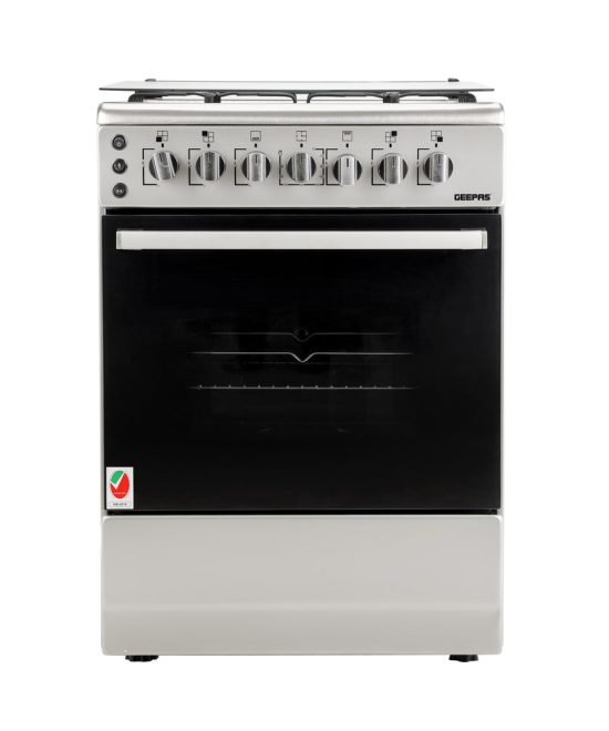 Geepas 60x60 Free Standing Cooking Range-GCR6059 / Rotisserie Function / Stainless Steel Housing / 4 Gas Burners / Auto Ignition /Perfect for Cook Bake and Grill Function