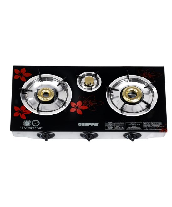 Geepas Gas Cooker GK6759 | 3 Burner Gas Stove with Auto Ignition| Durable Stainless Steel Body| Heavy-Duty Cast Iron Burners| 60% Gas Saving Technology| 2 Years Warranty