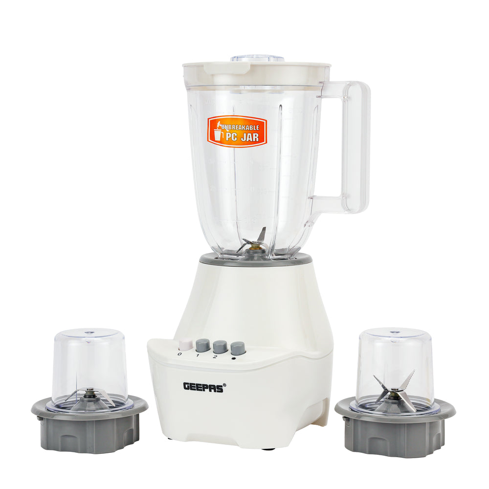 Geepas 3-in-1 Blender- GSB6104N| 400W Powerful Motor| 2 Speed Setting and Pulse| Transparent and Unbreakable Jars with Stainless Steel Blade| 2 Grinder Attachments| White