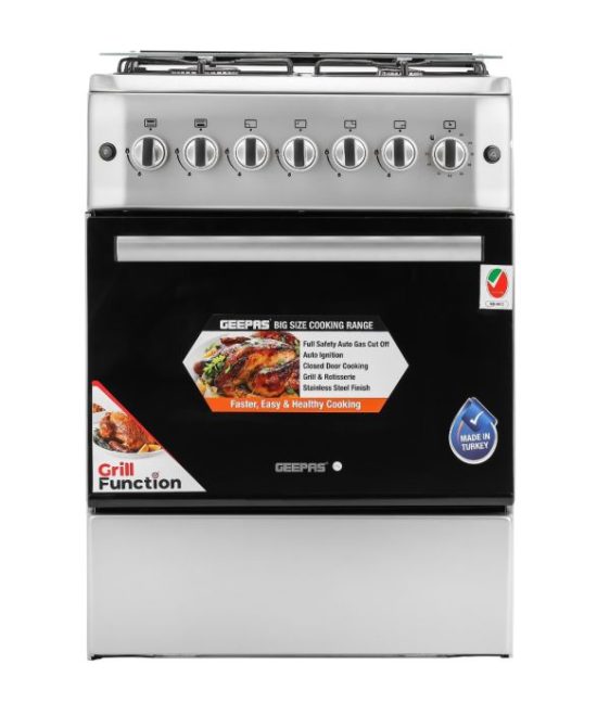 Geepas 60x60 Free Standing Oven | GCR6057 |4 Euro Pool Type Gas Burners | Auto Ignition| Multiple Power Levels| Grill & Rotisserie Function| Full Safety| 1 Year Warranty