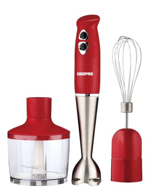 Geepas GHB6136 Hand Blender | 400W DC Motor | 2 Speed Settings | Stainless Steel Stick & Blades | 860ml Chopper Bowl | Egg Whisk | BS Plug | Durable & Easy to Use