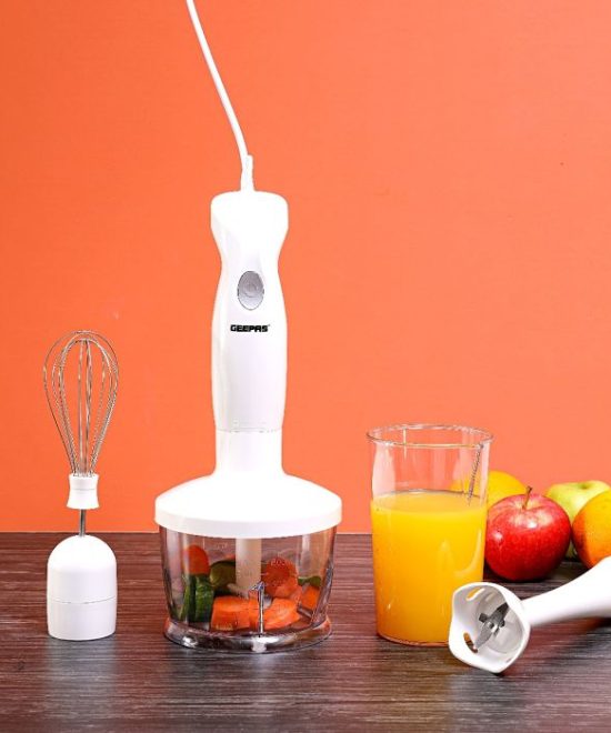 Geepas Hand Blender GHB6144 | 200W| 2-Speed Control| Stainless Steel Blade| Includes Chopper, Whisk & 600ml Beaker| Compact| Durable & Easy-to-Use | 2 Years Warranty