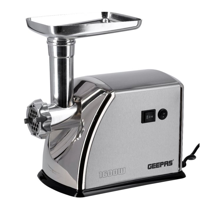 Geepas GMG1909 Stainless Steel Meat Grinder | 1600W Electric Meat Mincer| Powerful Motor| Reverse Function| 3 Cutting Blade| Sausage & Kubbe Accessories| Durable Design